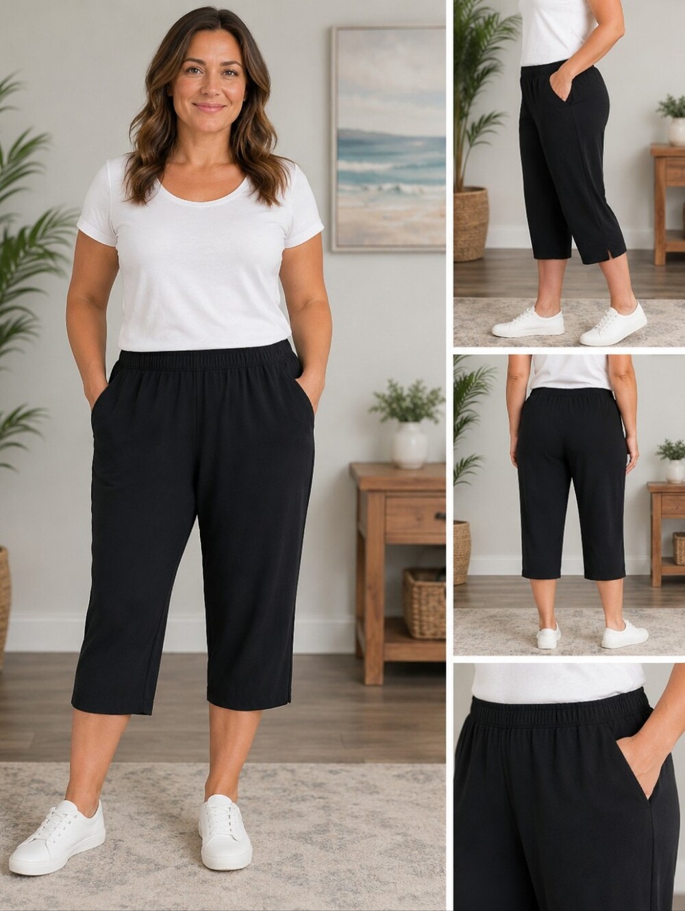 Size M black loose-fitting capris